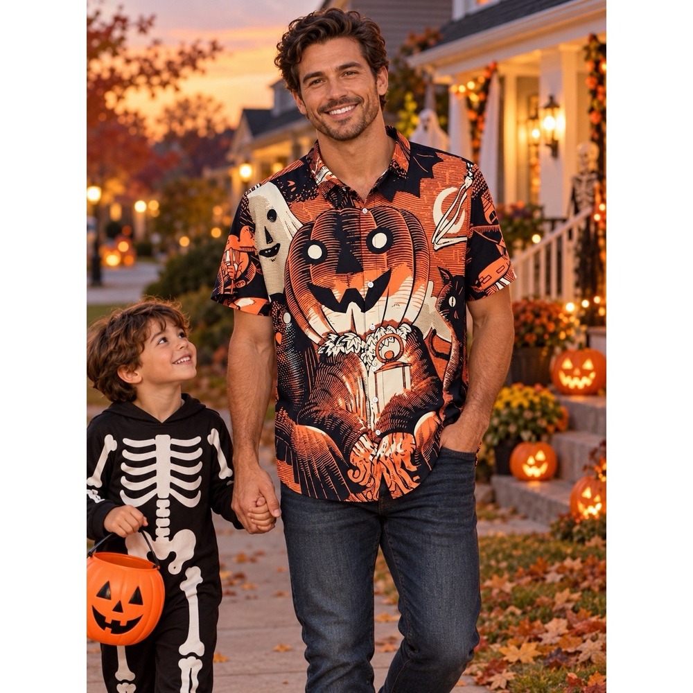 Arvi Hill Short Sleeve Button Up Men's Size XL Black Orange Goth Halloween